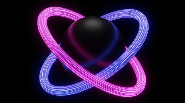 High end conceptual astrophysics rendering of a matte black abstract sphere surrounded by three massive disconnected rings of bundled fiber optic cables hovering in gyroscopic levitation alignment