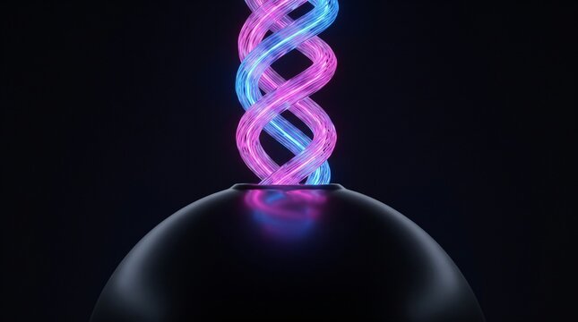 Hyper realistic structural macro photography featuring a colossal double helix spire constructed entirely from twisting fiber optic glass cables erupting vertically from a black abstract globe
