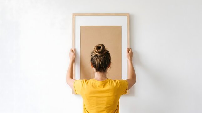 A young woman wearing a golden shirt holds up a wooden picture frame containing empty kraft paper on her residential wall while she prepares to display her favorite art piece for her home decor