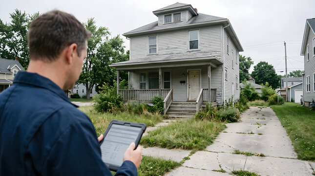 Professional inspector evaluating a residential property with a tablet
