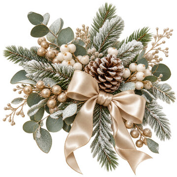 Elegant winter botanical bouquet PNG illustration with pinecone, eucalyptus, berries, and gold ribbon bow for neutral holiday apparel sublimation, isolated on transparent background