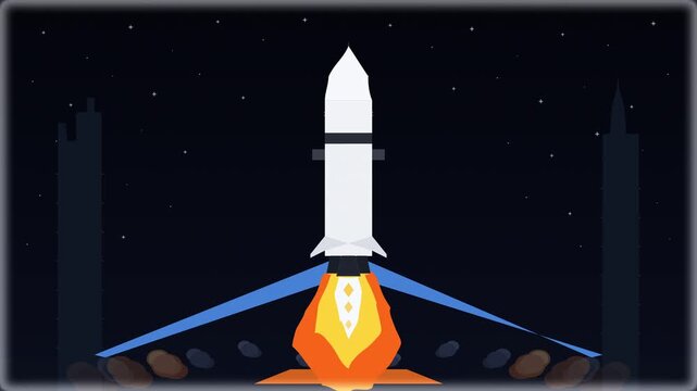 Pixel art rocket launch animation, spaceship taking off into starry night sky with city skyline silhouette