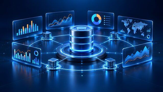 Futuristic cloud data storage and big data analytics concept with centralized server database cylinder and glowing digital dashboard charts, graphs, and world map on dark blue background