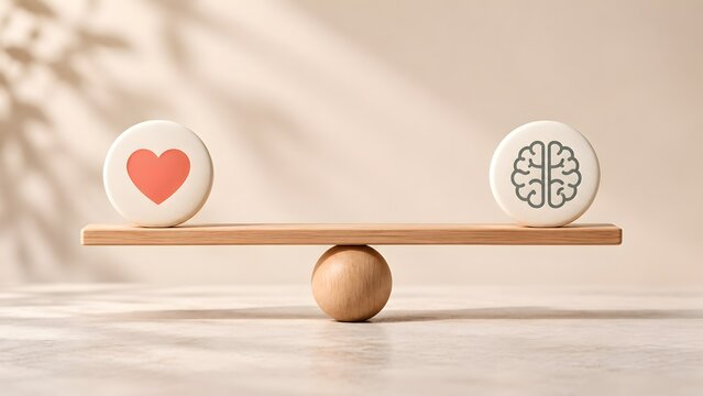 Conceptual Image of Heart and Brain Icons Balancing on a Wooden Seesaw Representing Harmony Between Emotion and Logic, Emotional Intelligence, Mental Health, and Rational Decision Making Symbol