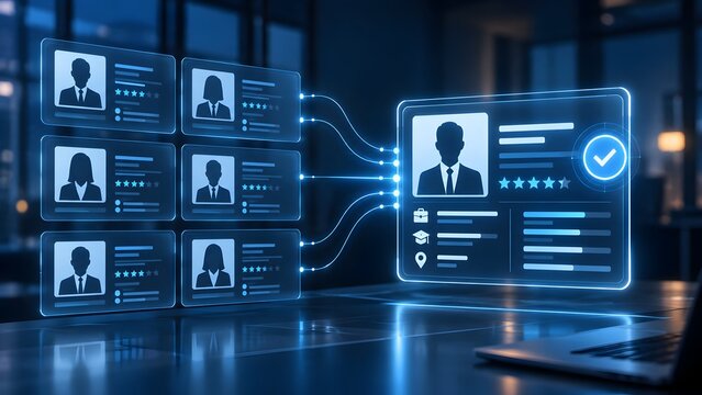 Futuristic digital recruitment interface showing candidate profile selection and screening process on a holographic screen in a dark modern office environment for human resources.