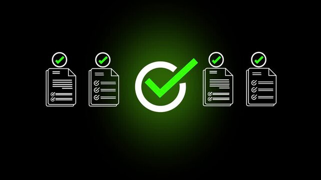 Glowing checklist and approval showing business document validation and task tracking system for decision making, process optimization, and quality verification with high efficiency 4k video
