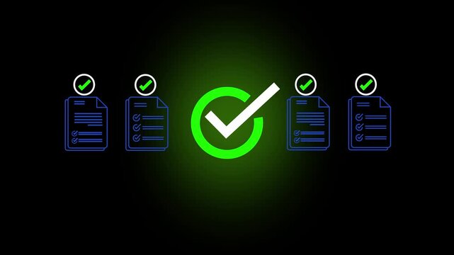 Glowing checklist and approval showing business document validation and task tracking system for decision making, process optimization, and quality verification with high efficiency 4k video