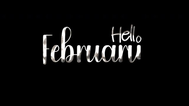 White cursive typography hello february text on dark monochrome background. Suitable for minimalist graphic design projects and social media posts.