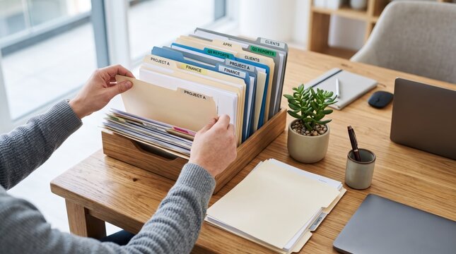 Organized office workspace with wooden desk, file organizer containing labeled folders for projects and finance, hands sorting documents, small succulent plant, laptop and