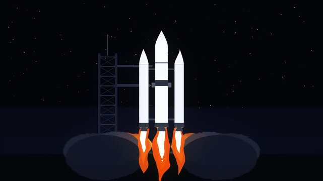 Pixel art rocket launch animation with engine fire and smoke in space
