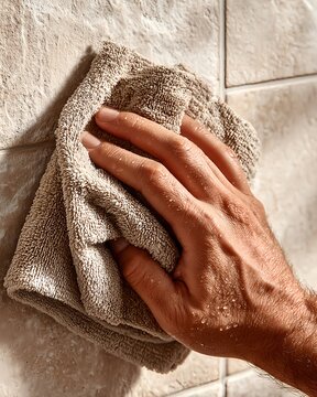 Wet Hand Wiping Bathroom Tiles with Beige Towel