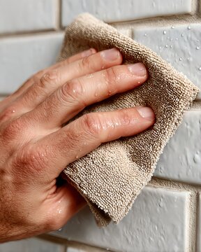 Wet Hand Wiping Bathroom Tiles with Beige Towel