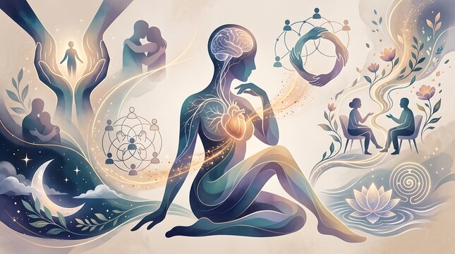 Mental health and emotional wellness illustration featuring human silhouette with brain and heart connection, holistic therapy, and social connection motifs