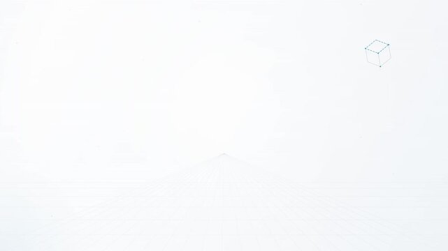 Minimalist perspective grid floor with rotating wireframe cube on white background