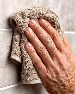 Wet Hand Wiping Bathroom Tiles with Beige Towel