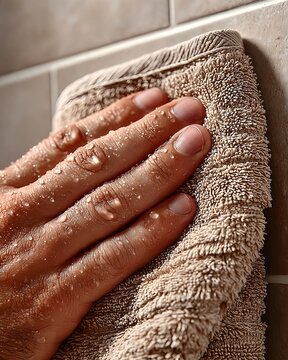 Wet Hand Wiping Bathroom Tiles with Beige Towel