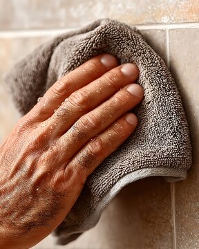 Wet Hand Wiping Bathroom Tiles with Beige Towel