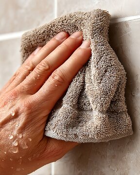 Wet Hand Wiping Bathroom Tiles with Beige Towel