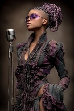 Avant Garde Singer with Purple Braids and Gothic Fashion