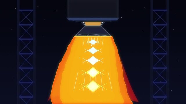 Pixel art rocket launch animation with engine fire flame exhaust, retro spaceship ignition thruster glowing in dark night sky