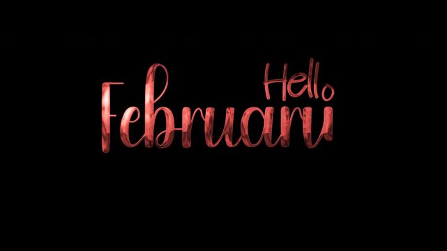 Sparkling metallic rose gold hello february text message on black background, suitable for social media posts, greeting cards, and wallpapers.