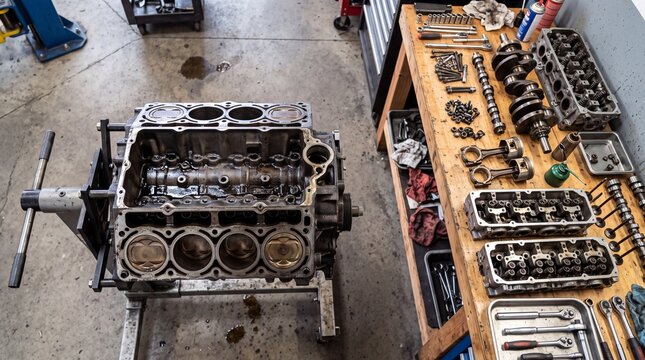 Disassembled engine block with engine components and tools on workbench in automotive repair shop.