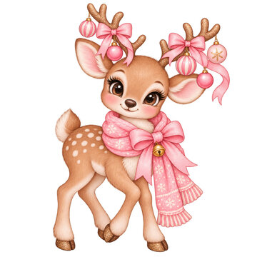 Cute pink reindeer wearing cozy scarf decorated with bows and ornaments, festive Christmas illustration isolated on transparent background PNG