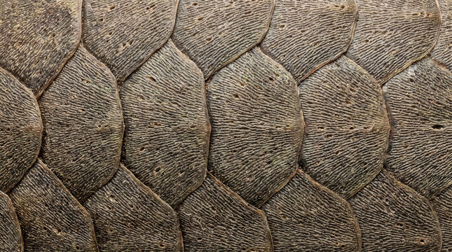 Detailed macro close up of brown pangolin scales showing natural texture and organic pattern design