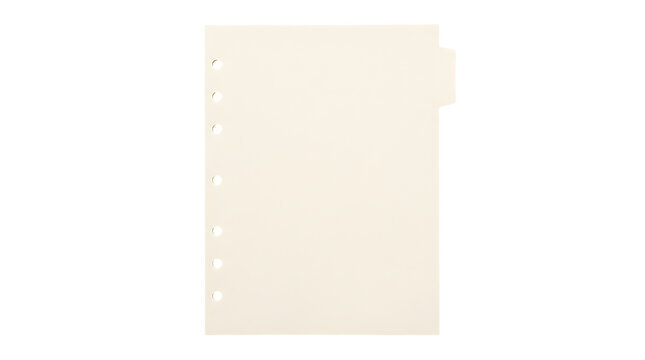 Single cream colored paper binder index divider tab with seven circular holes along the left edge and a projecting tab near the top right against a clean isolated pure white studio background