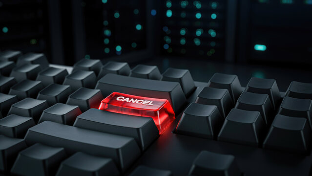 A glowing red cancel button stands out on a dark computer keyboard in a server room with illuminates amidst black server lights background translucent red cancel key