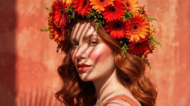 Beautiful young woman wearing a bright flower crown on her head against red wall