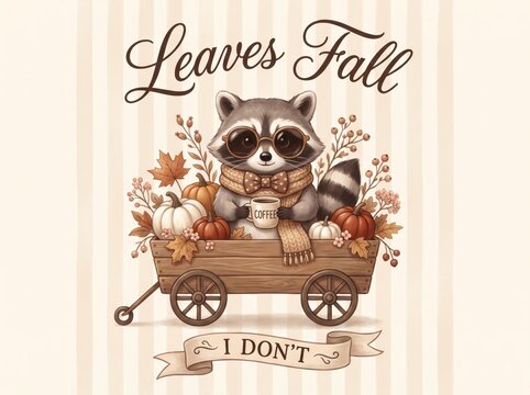 Cute raccoon in wooden cart with pumpkins and coffee mug illustration featuring orange and brown autumn colors for festive seasonal holiday card design.