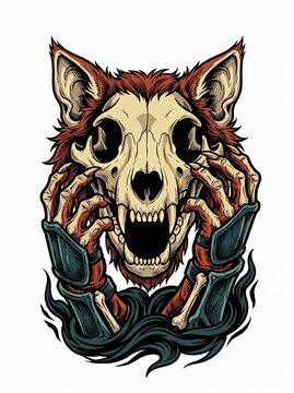 Detailed wolf skull vector illustration featuring bony hands and eerie mystical smoke elements designed with bold ink outlines and vibrant flat colors.