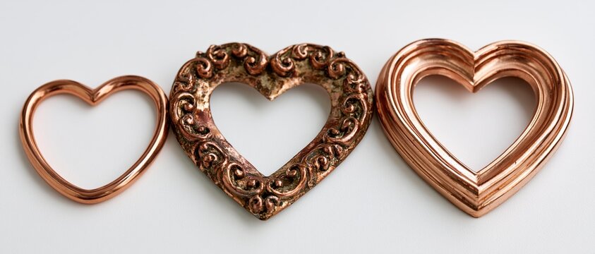 Three copper heart-shaped decorative frames arranged side by side on white background