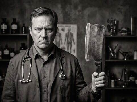 Scary male doctor wearing white coat and stethoscope holding sharp bloody butcher cleaver knife standing inside dark vintage medical office with dramatic studio lighting.