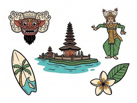 Colorful hand drawn vector elements featuring traditional Balinese temple, dancer, surfboard flower and mask.
