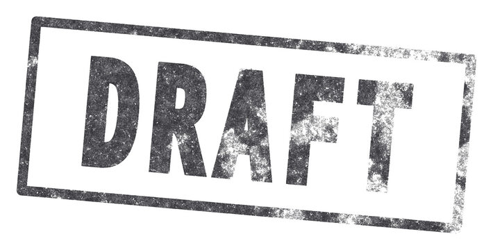 Charcoal gray DRAFT grunge rubber stamp with worn typewriter letters isolated on transparent background