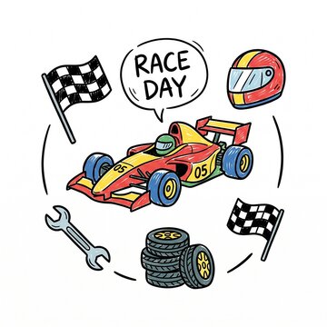 Hand drawn race day doodle set featuring a fast formula racing car checkered flags helmet wrench and tire stack rendered in vibrant colorful sketch style.