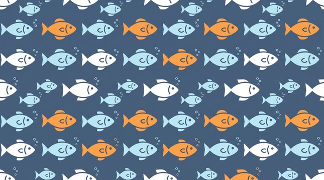 Cute colorful fish swimming seamlessly across dark blue ocean waters creating delightful aquatic pattern featuring vibrant orange white and light blue.