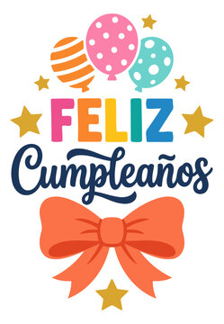 Feliz cumpleaos greeting with balloons and bow