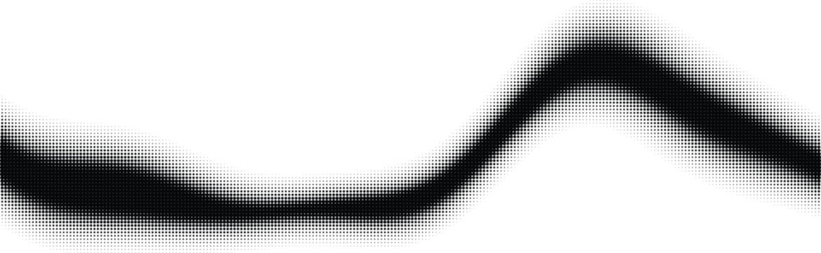 black halftone dotted wave line abstract monochrome graphic element with gradient dispersion effect
