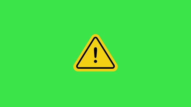 Caution symbol video animation on green screen displaying warning sign with exclamation mark. 4k video