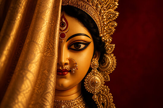 Close up of goddess durga idol face partially hidden behind a golden silk fabric curtain in a temple during the durga puja festival in india