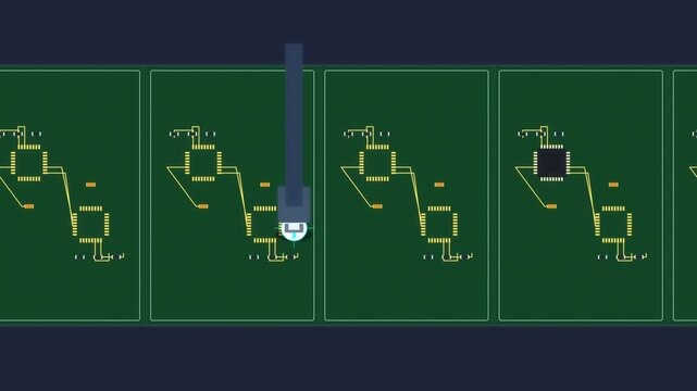 printed circuit board assembly animation with robotic arm soldering components on green board