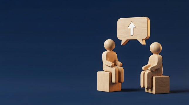 Two sitting wooden figures sharing a speech bubble containing an upward pointing arrow illustrating constructive feedback business coaching and growth strategy