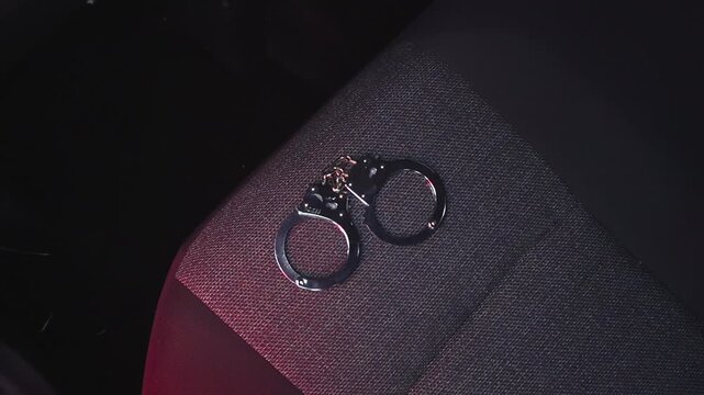 Metal handcuffs lying on the back seat of a vehicle during a crime scene investigation or arrest, illuminated by the flashing red and blue lights of a police car siren at night