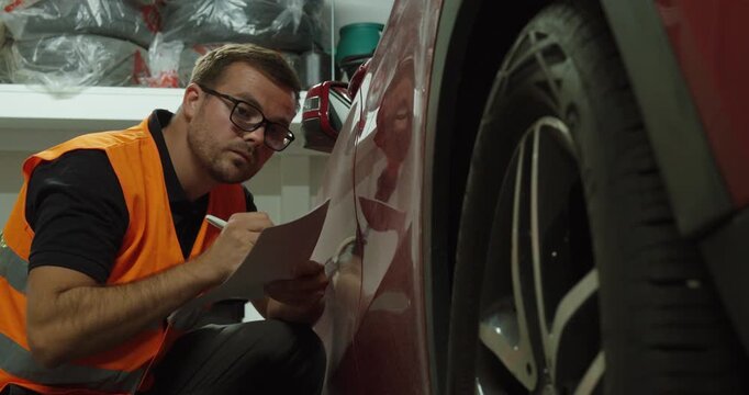 Automotive technician closely inspects the side of a car for scratches, dents and body damage in a workshop.