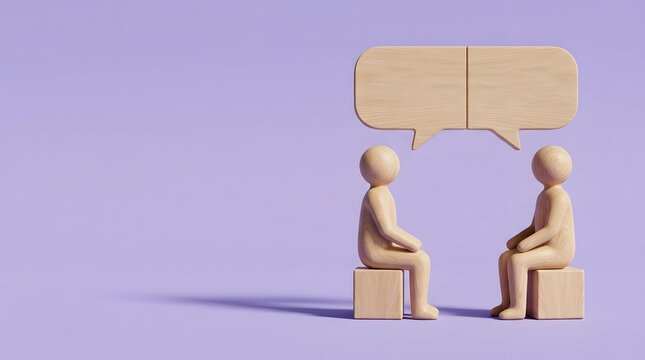 Two wooden figures sitting opposite each other sharing a merged speech bubble demonstrating mutual agreement consensus and seamless business communication