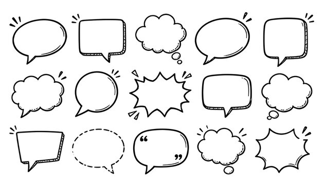 Speech bubble hand drawn set. Hand drawn comic doodle style think dialog balloon, thought cloud speech bubble element with talk message. Cartoons speak of conversation elements.