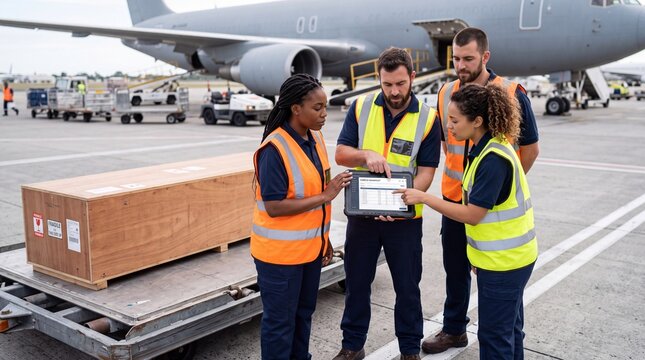 Airport Cargo Handling Team Inspecting and Managing Baggage and Freight Operations.